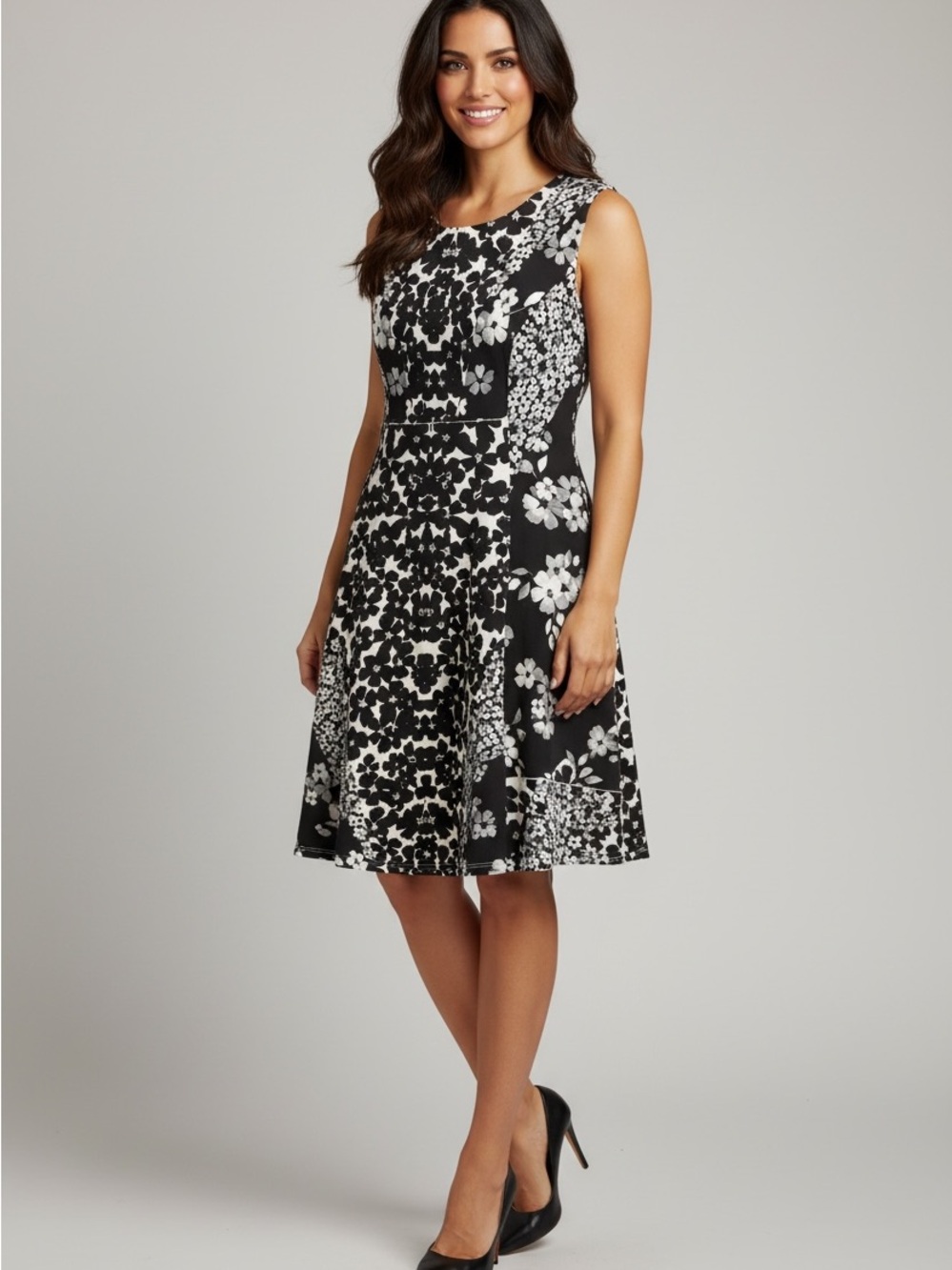H2 DKNY Black & White Floral Fit-and-Flare Dress